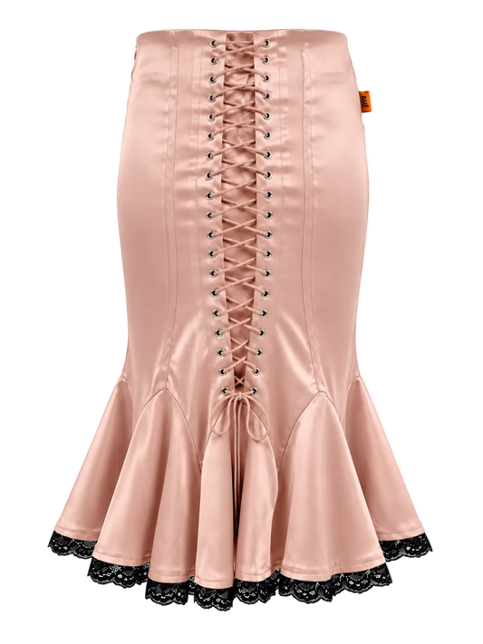 SELLA Midi Peplum Lace Skirt in Pink